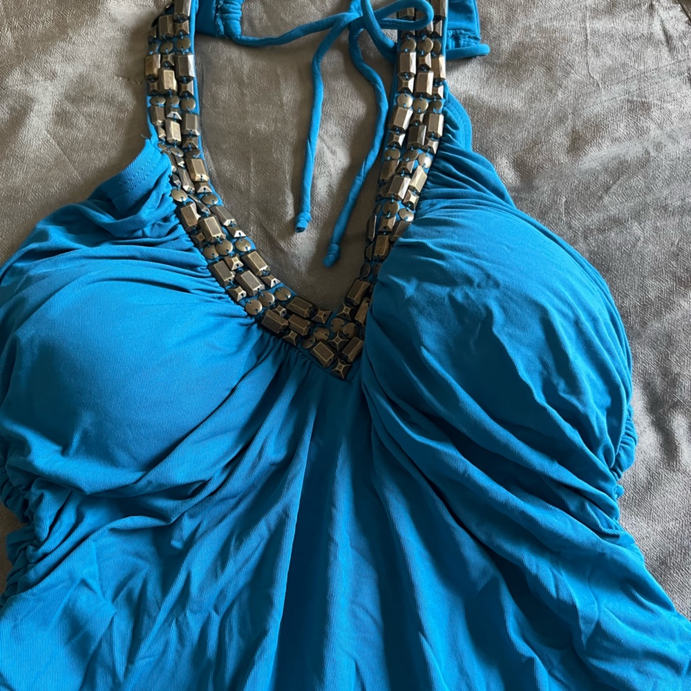 Carmen Marc Valvo Teal Halter One Piece Swimsuit